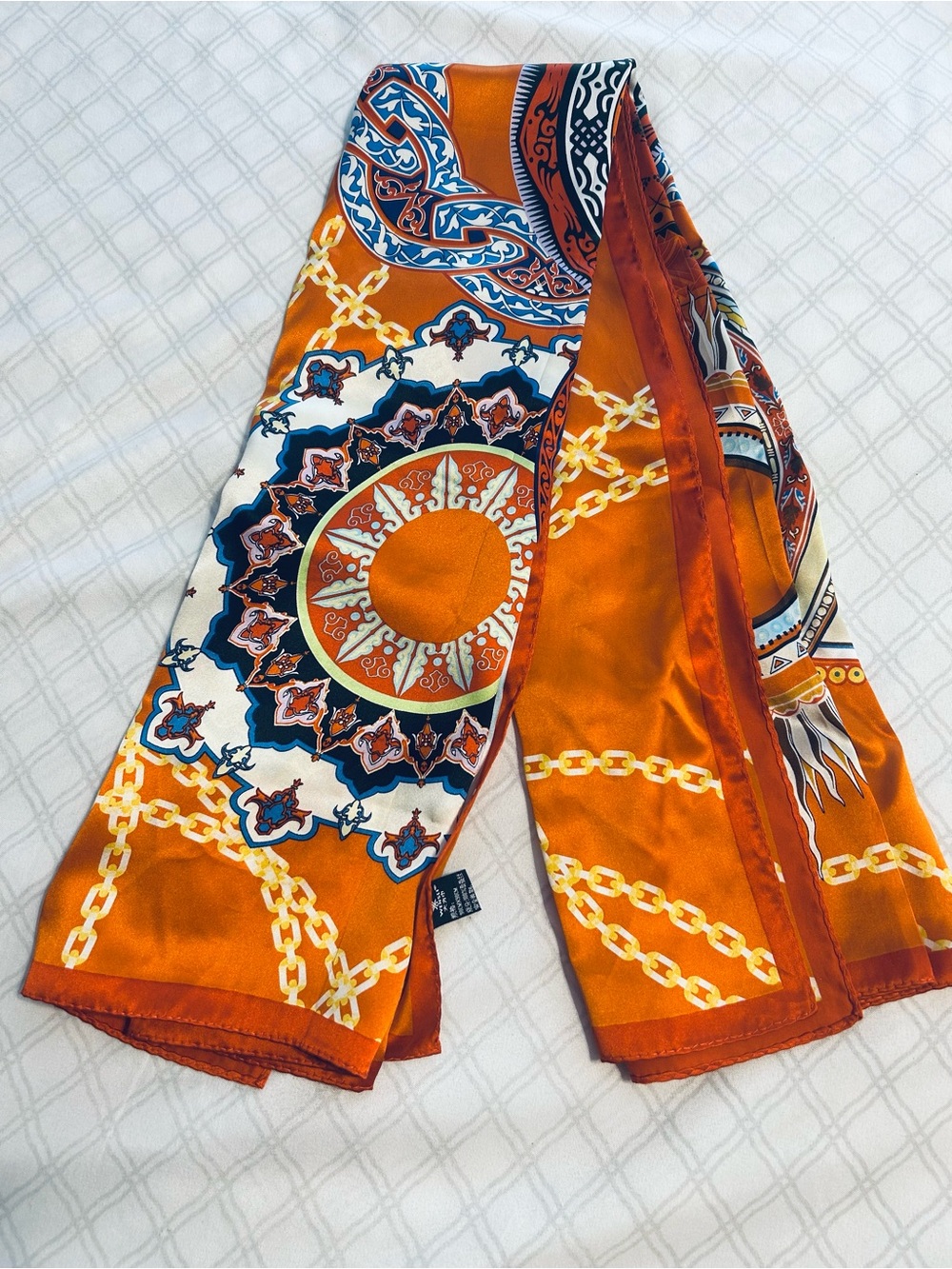 WENSLI 100% Mulberry Silk Scarf NWT Orange Gold Chain Print